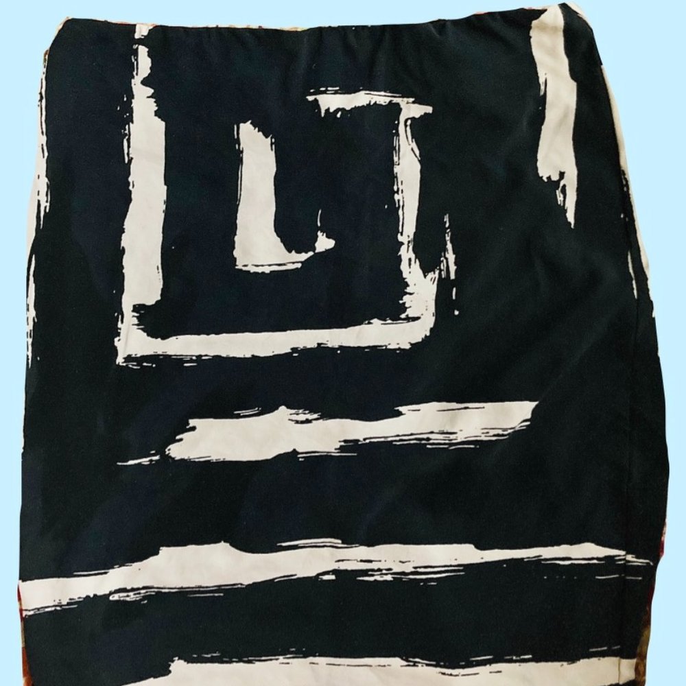 Nicole Miller Skirt Silk Knee Length Black/Cream Paint Print Lined sz 10